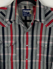 Vtg Wrangler Shirt Red Gray Black USA Pearl Snaps X Long Tails 15.5 34 Lrg