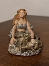 Small Miniature Mermaid Resin Statue Figurine Sparkles Seashells Silver And Gold