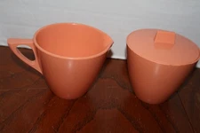 Mid Century Creamer Lidded Sugar Dish Pink/Peach Unmarked Excellent Condition