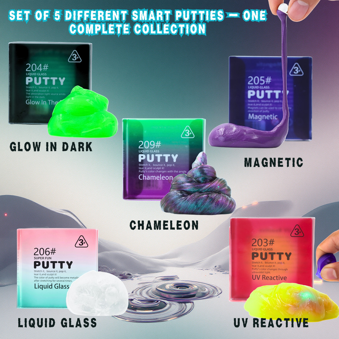 5-Pack Liquid Glass Putty Set – Reactive, UV, Chameleon, Glow, Super Stretch Toy