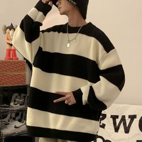 Mens Striped Round Neck Knitted Sweater for Spring and Autumn Casual Wear - Picture 6 of 48