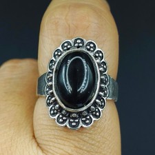 Natural Black Onyx Gemstone Handmade 925 Sterling Silver Ring Size-7.25 US