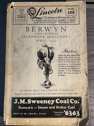 1943 Berwyn Cicero Oak Park Riverside Lyons IL vintage city phone directory map
