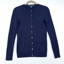 Ralph Lauren Sport Sweater Womens Small Cable Knit Crew Neck Cardigan Pony Logo