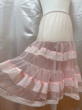 Vintage 1950s 1960s Embassy Pink Tulle Panier Petticoat Tiered Lace Underskirt
