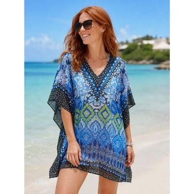Bijoux Terner One Size Blue Embellished Sheer Boho Beach Cover Up Kaftan NWT #X