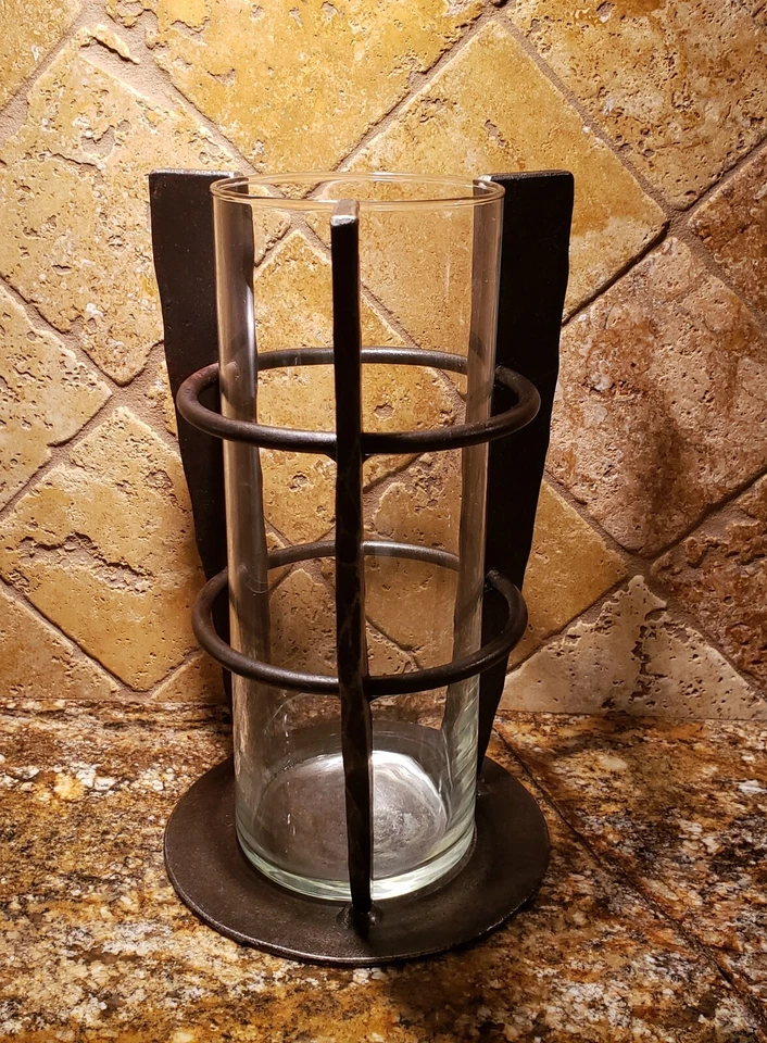 MCM Welded Metal with Glass insert Candle Holder or Vase Art Deco 9.25" H Rustic - Image 3 of 4