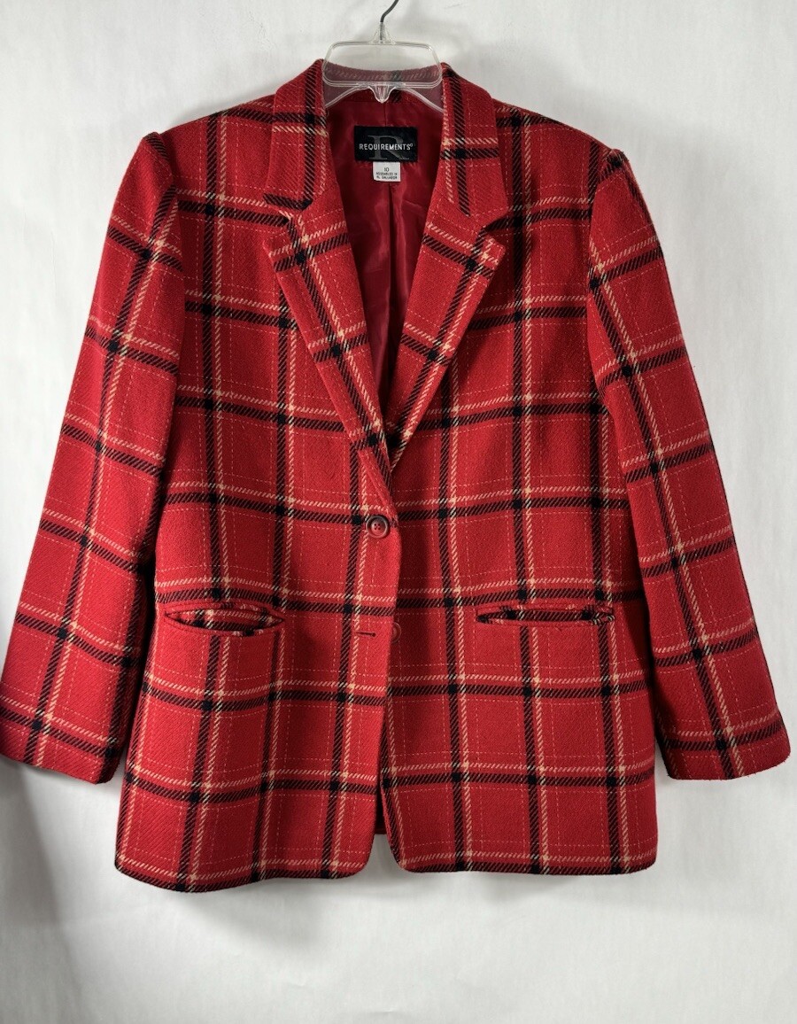 Blazer Jacket Womens Sz 10 Wool Blend Red Plaid 2 Button Vintage Requirements-image