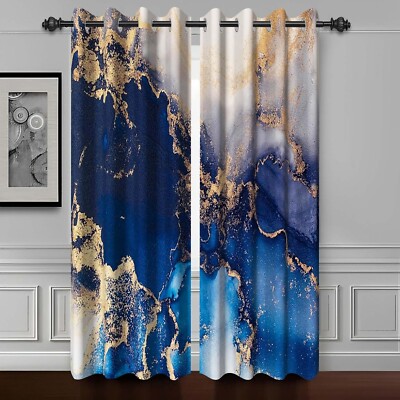 Blue And Gold Marble Blackout Curtains Art Design Gold Crack Texture 38Wx54H