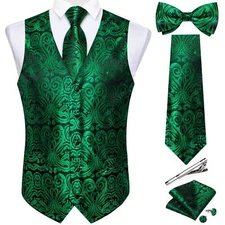 Green Bow Tie and Vest Set for Men Paisley Vest Tie Pocket Square Cufflinks f...