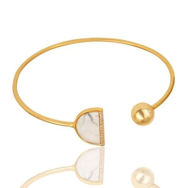 18K Gold Plated 925 Sterling Silver Handmade Howlite Zircon Cuff Bangle Jewelry - Image 2 of 3