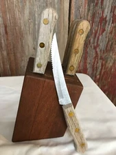 Old Homestead 8 wood handled steak knive set w/block Japan -Free Shipping