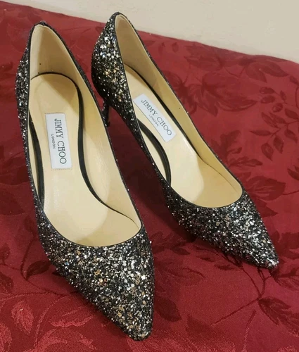 Jimmy Choo Black/Gold Coarse Glitter Romy 60 Pumps Size 40 Worn 1X