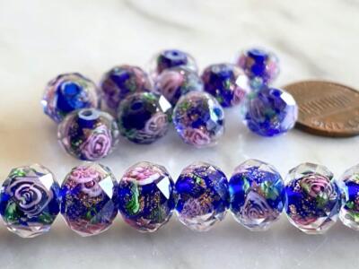 Fancy 7 x 10mm Faceted Floral Indigo Blue Glass Rondelle Beads 10