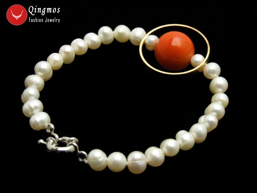 Pulsera redonda de perlas blancas naturales de 6-7 mm para mujer l con pulsera de coral naranja Foto 4 de 4