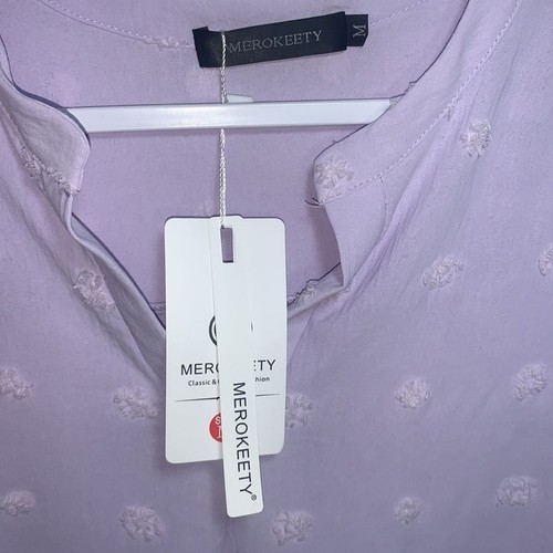 MEROKEETY V Neck Ruffle Short Sleeve Blouse Swiss Dot Flowy Shirt Tunic Top Sz M - 第 11/15 張圖片