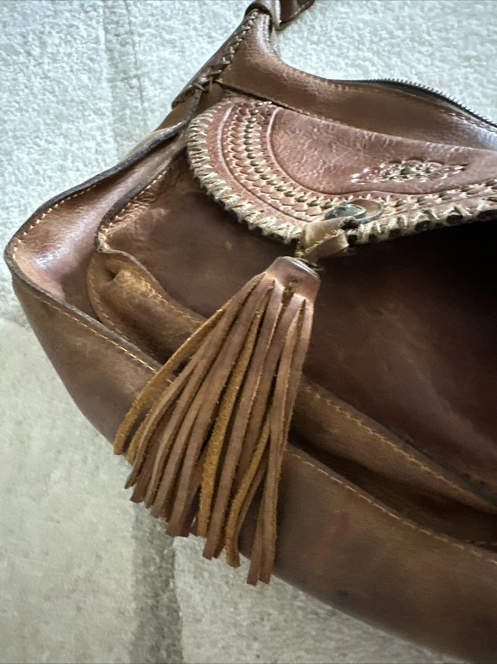 PATRICIA NASH Bolso Bandolera de Hombro de Cuero Vintage Trabajado MARRÓN Borla con Flecos Foto 3 de 4