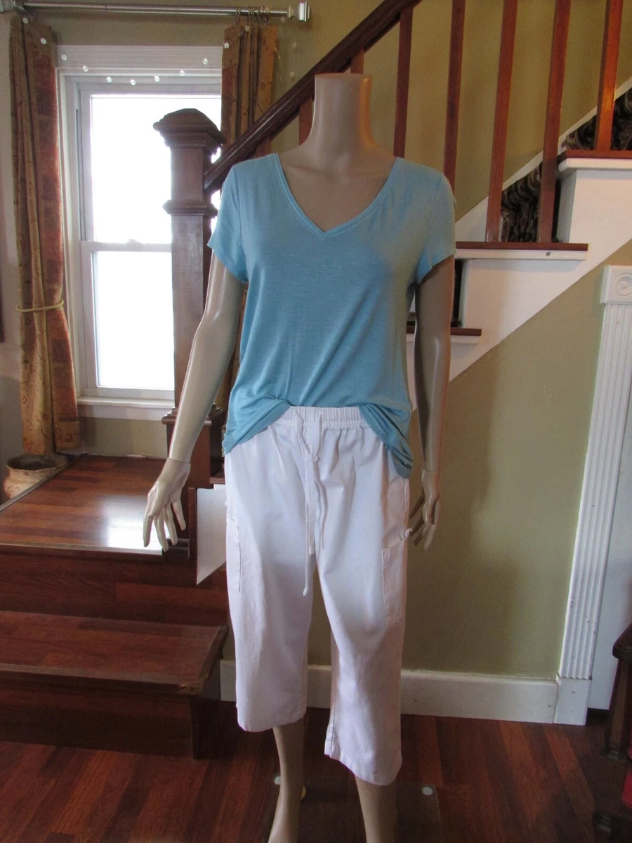 BASIC EDITIONS Women s White Capri Pants Pockets Drawstring Closure Size S