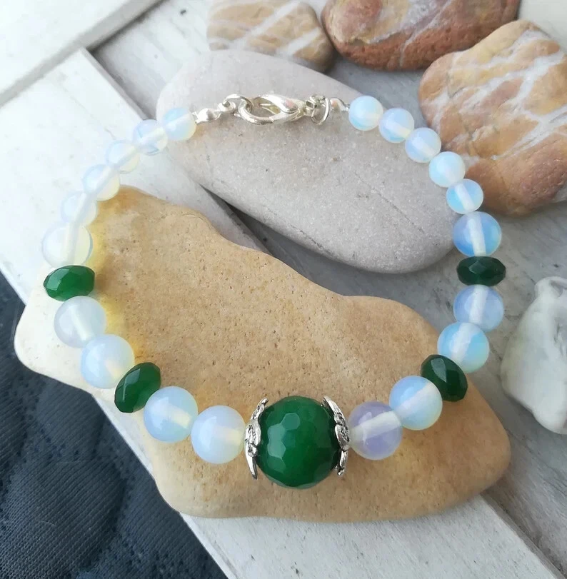 BRACCIALE DONNA PIETRA DI LUNA E GIADA VERDE CON SMERALDO NATURALE E ARGENTO 925 - Immagine 3 di 4