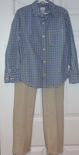 Boys size 7 (3 piece) suit; navy blue striped blazer, checked shirt & khaki pant - Picture 11 of 12