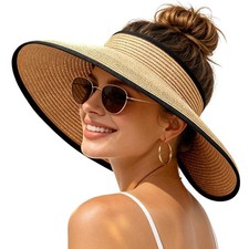 Sun Hats Visor for Women, UV UPF Straw Beach Hat Foldable Wide Brim Ponytail Sum