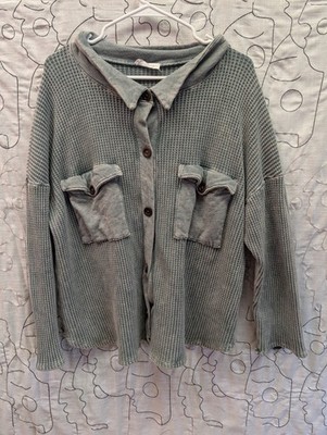 BUCKET LIST Waffle Knit M Shacket Sage Oversized Prairie Cowgirl Grunge GORP