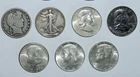 LOT OF 7 SILVER HALF DOLLARS BARBER, WALKING LIBERTY, FRANKLIN, KENNEDY
