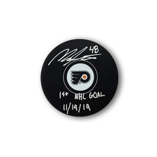 Morgan Frost Autographed Philadelphia Flyers Hockey Puck Inscribed 1st NHL Goal