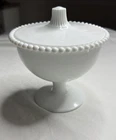 Milk Glass Covered Candy Dish Pedestal Beaded Edge Compote Vintage