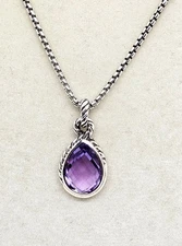 David Yurman Sterling Silver Cushion Cut Amethyst Pendant & Necklace 16" Signed
