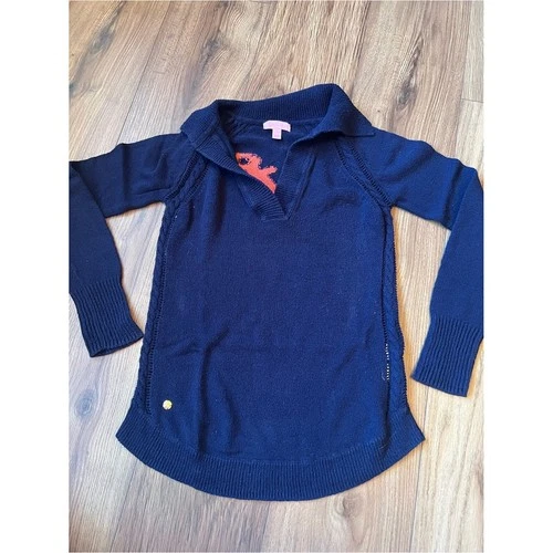 Lilly Pulitzer Shelly Navy Blue Pink Anchor Tunic Cable Knit Sweater V Neck S - product listing photo