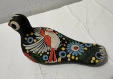 Vintage Hand Painted Tonala Mexican Pottery Black Colorful Dove Bird Floral