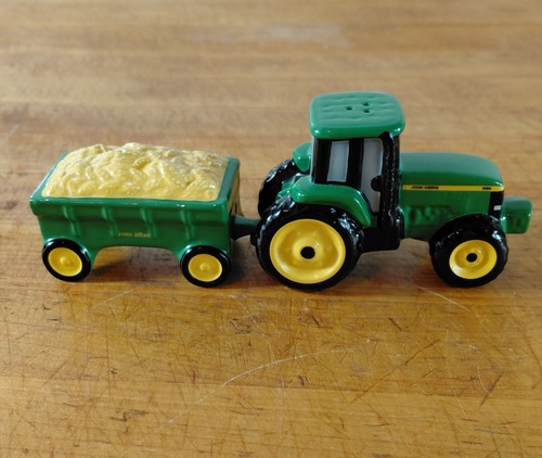 John Deere Salt and Pepper Shaker. Tractor and Wagon. Ceramic. No Stoppers.