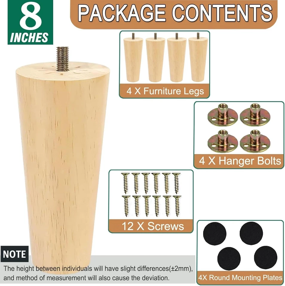 Paquete de 4 patas de sofá de repuesto de madera maciza de 8" para muebles Foto 2 de 4
