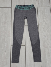 GYMSHARK Women s Compression Leggings S Gray/Teal Logo Waistband 27"