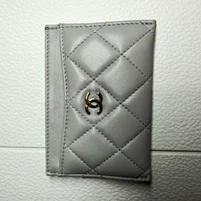 Authentic CHANEL Gray Quilted Leather Card Case ID Holder CC EUC - See Photo