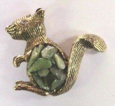 Brooch Pin - Squirrel - White Rhinestone Eye - Green Stones - Gold Tone