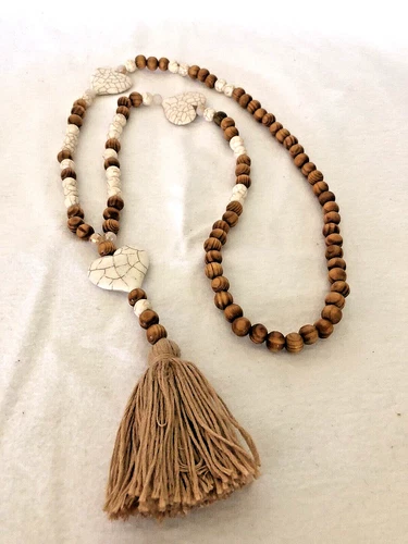 Boho Wood Beaded & Stone Heart Tassel Necklace. 36" + 6" Tassel & Heart