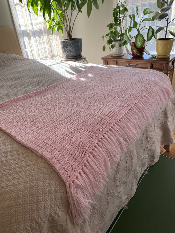 Hand Crochet Pink Throw Blanket 48” x 60” Fringed Bohemian fully