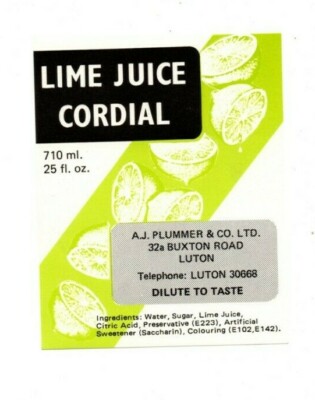 England - Vintage Label - A.J.Plummer & Co, Luton - Lime Juice Cordial