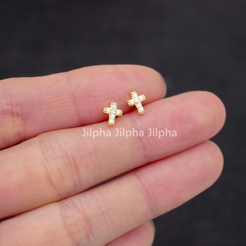 Tiny Cross Sterling Silver Paved CZ Stud Earrings Women A1057 - Picture 3 of 10