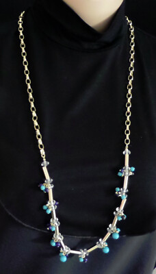 ''LOFT'' GOLD-TONE BLUE, CLEAR TURQUOISE CRYSTAL BEADED 34'' NECKLACE NWT