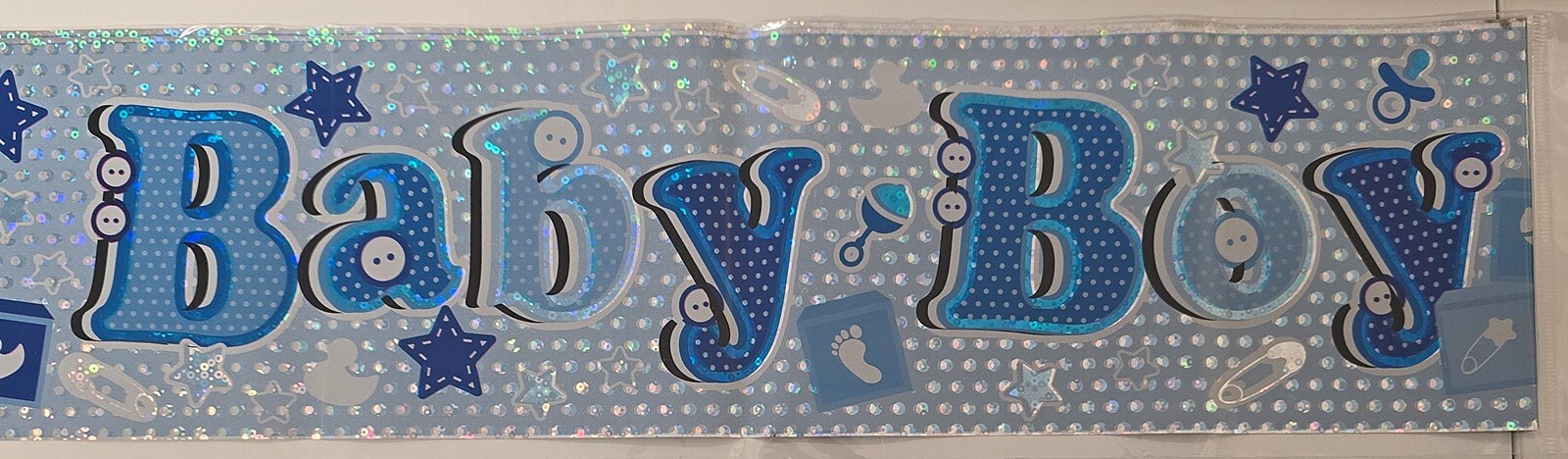 Baby Boy Foil Holographic Banner Silver Blue 2.6m or 3 x 87cm