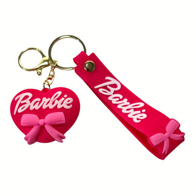 Barbie 3D silicone heart keychain with pink strap and bow detail New Free Ship