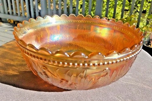 Large 9" ( Marigold Carnival Glass Bowl – Stork and Rushes Pattern  Northwood