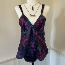 California Dynasty - Vintage Purple Green Floral Paisley Satin Bodysuit Size S
