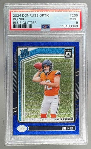 118480348 Bo Nix 2024 Panini Donruss Optic #209 Blue Glitter Rated Rookie PSA 9