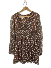 Vtg Young Edwardian Floral Mini Dress Womens 11 Brown Shirred Prairie Boho