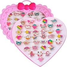 36Pcs Kids Little Girl Adjustable Jewelry Rings in Box, Girl Pretend Play Gift