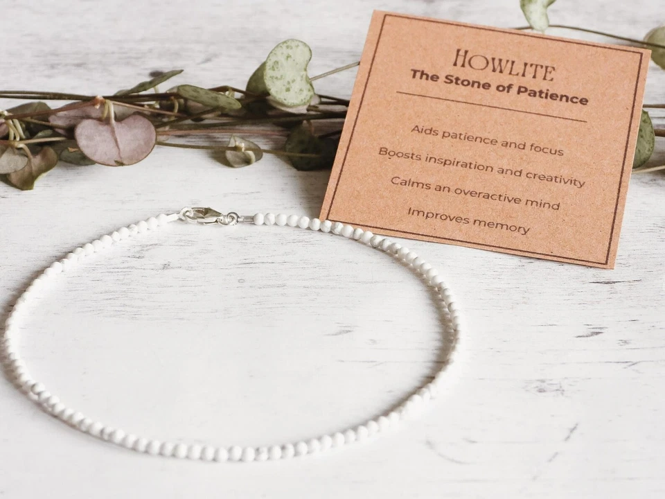 Howlite 脚链 2 毫米刻面小白石珠治疗水晶灵气珠宝首饰 — 第 3/3 张图片